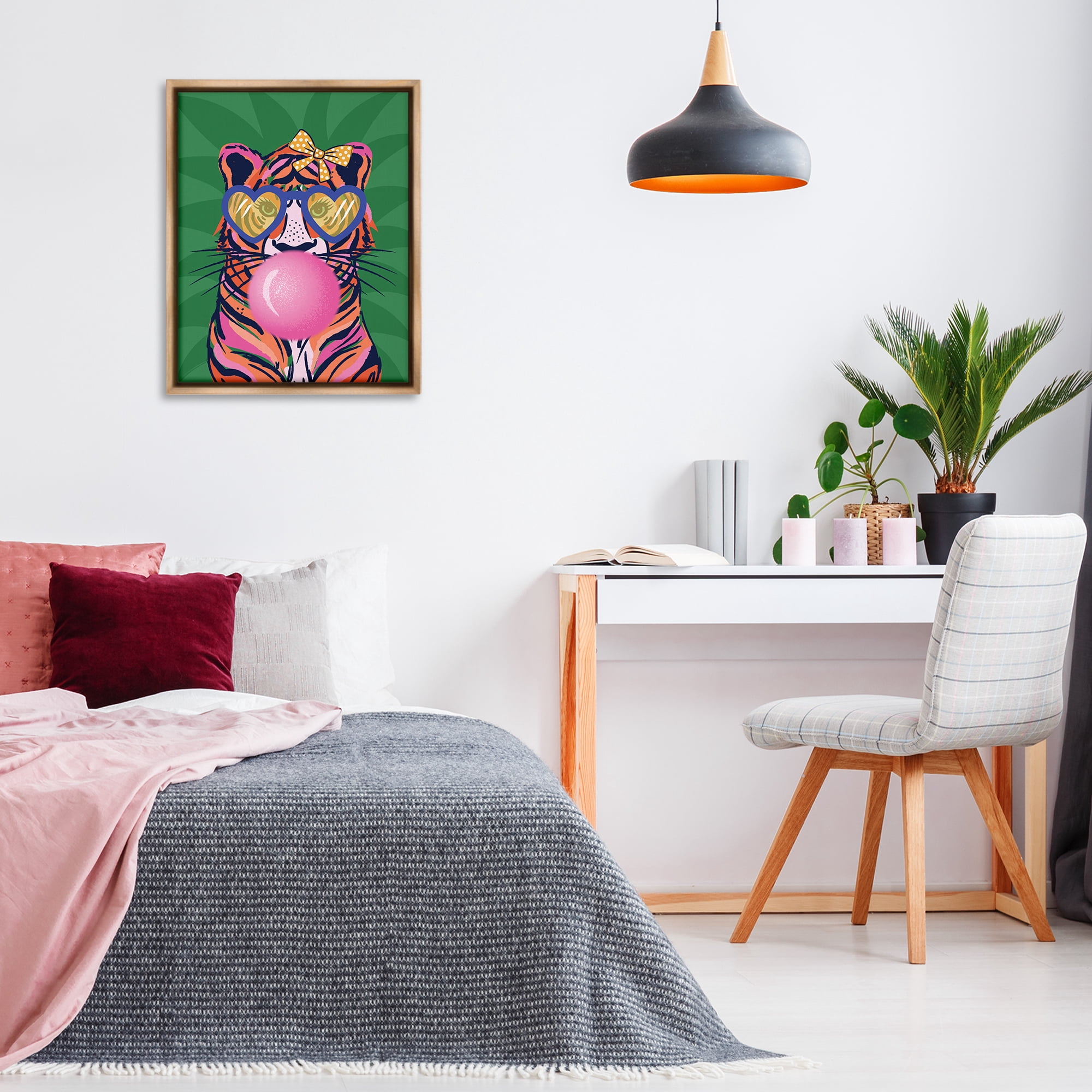 Stupell Industries Glam Tiger Bubble Gum Animals Painting Brown Floater Framed Canvas Art Print Wall Art, 25 x 31