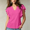 thumbnail image 2 of ClodeEU Women's V Neck Ruffle Flutter Short Sleeve Blouse,Solid Loose Casual Summer Top Hot Pink,Women's Plus M, 2 of 5