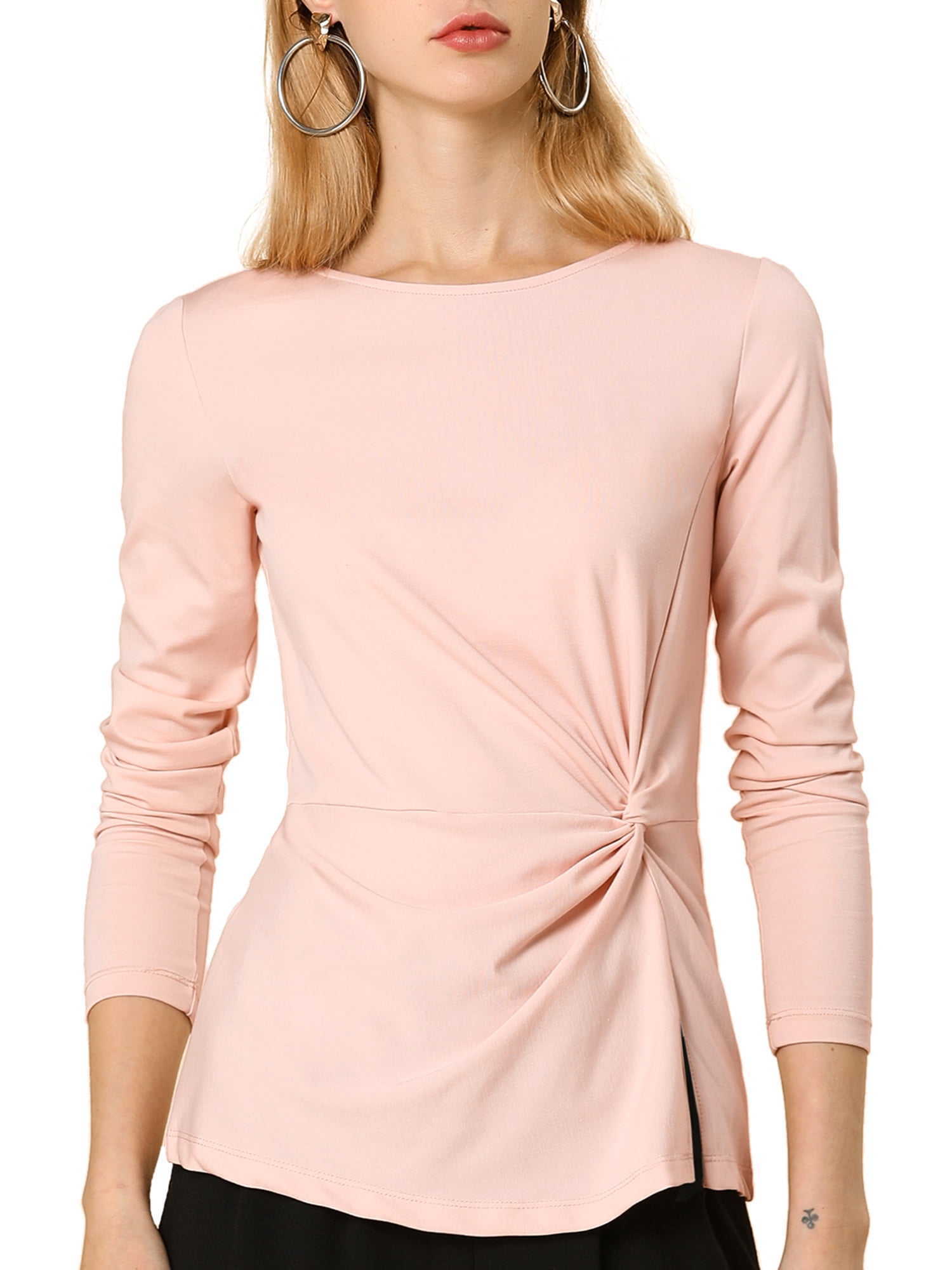 Unique Bargains Women's Round Neck Front Twist Top Long Sleeve Blouse