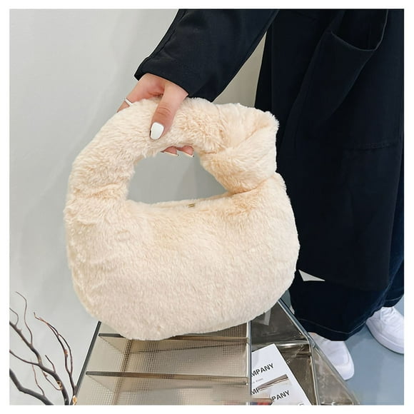 Plush Handbag Cute Stylish Zipper Closure Soft Small Women Tote Bag for Daily PartyKhaki