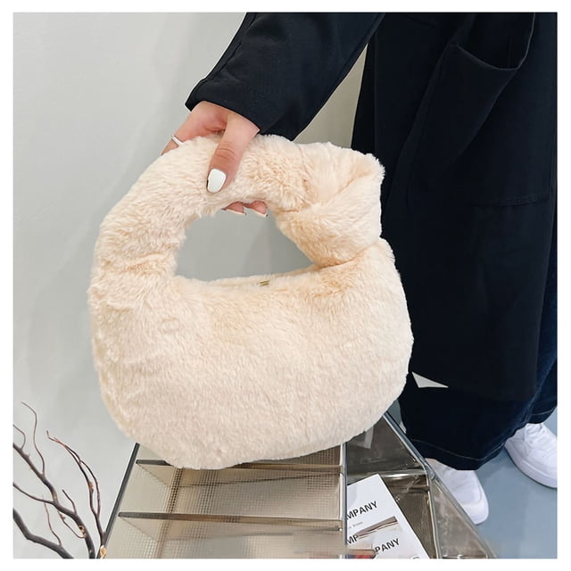 Plush Handbag Cute Stylish Zipper Closure Soft Small Women Tote Bag for Daily PartyKhaki
