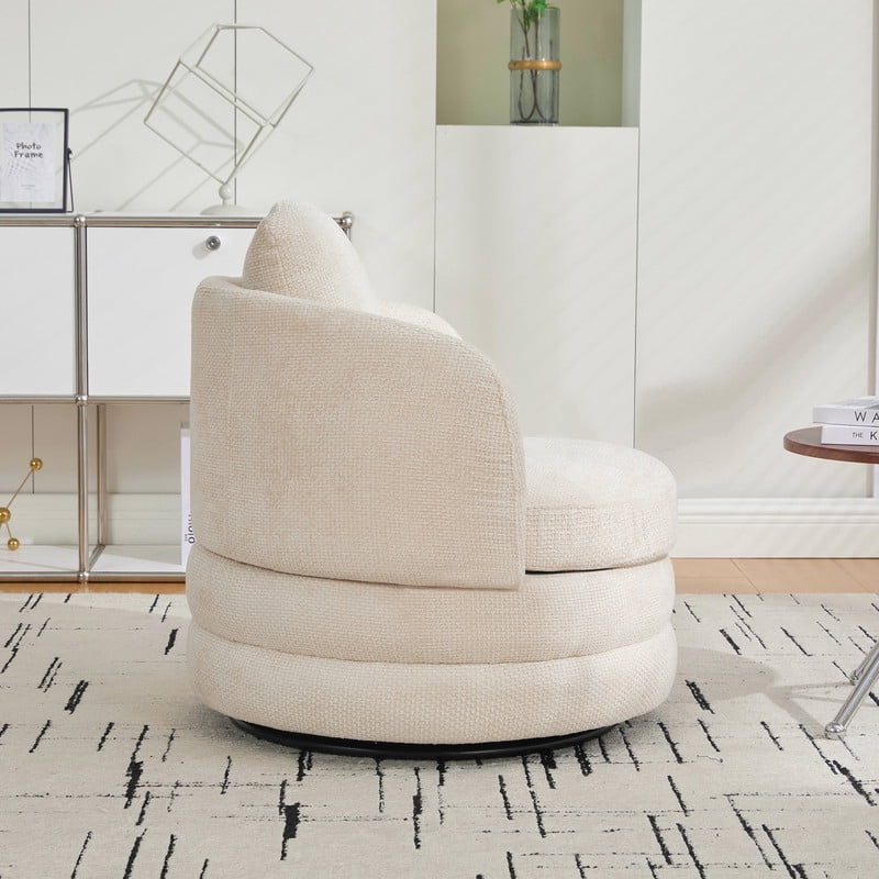 360° Modern Swivel Barrel Accent Chair, Chenille Upholstered Lounge Armchair with Pillow, Comfy Round Sofa Reading Chair for Living Room, Bedroom, Beige