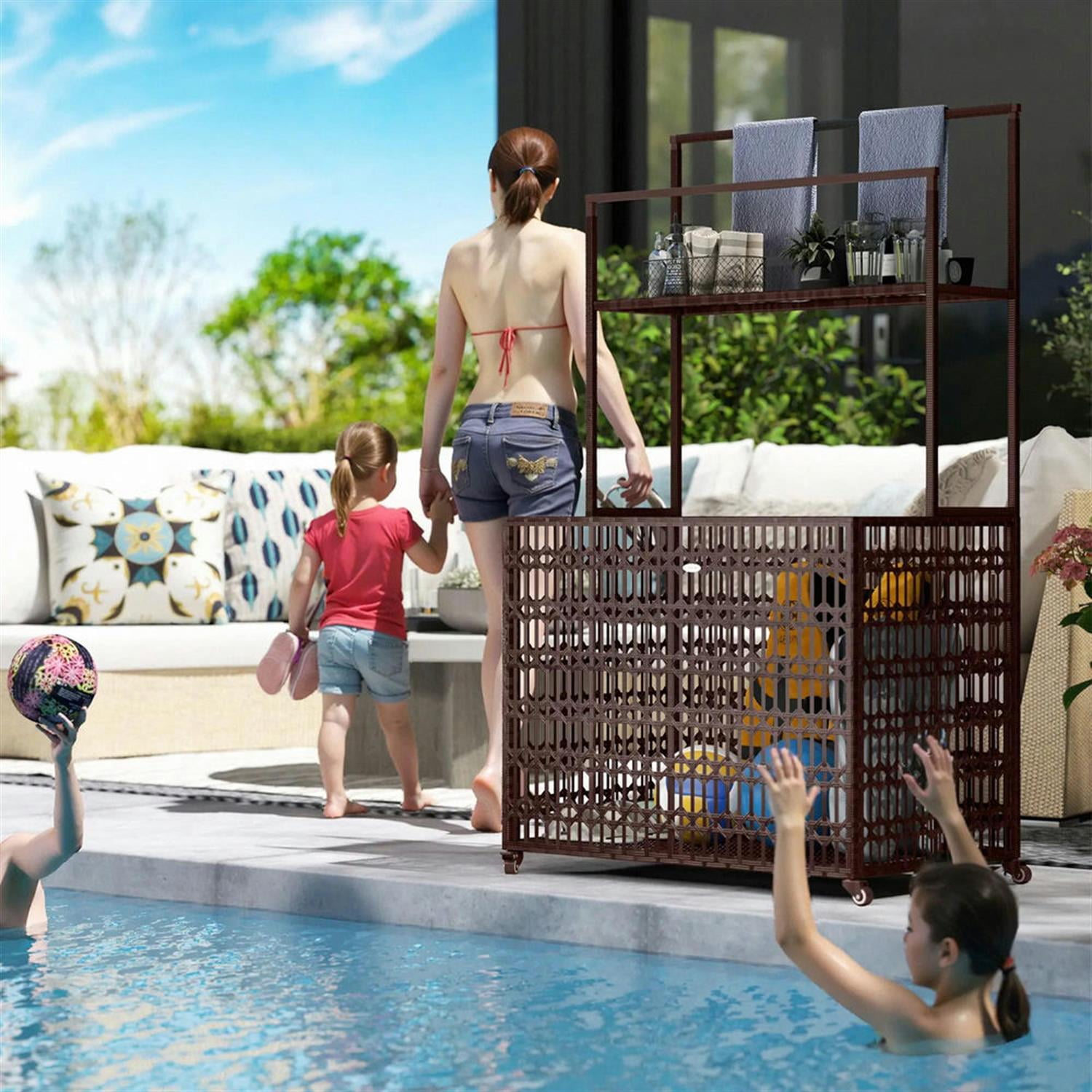 Demi Bonn Wicker Pool Float Holder, PE Rattan Storage Organizer with Basket Shelf, Towel Bars Rolling Caddy for Floaties, Noodles, Life Vests, Beach Balls, Brown