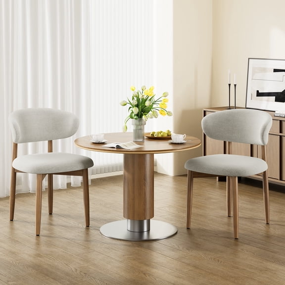 Wooden Dining Chairs Set of 2,Farmhouse Kitchen Chairs with Curved Back,Modern Fabric Upholstered Chairs for Dining Room,Grey
