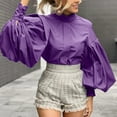 thumbnail image 3 of ZANZEA Womens Mock Neck Pleated Lantern Long Sleeve Casual Solid Tops Party T Shirt Blouse, 3 of 3