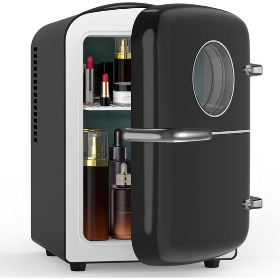 WAA 4L/6 Cans Mini Fridge Observation Window,Cooler Warmer for Skincare Bedroom Office (Black)