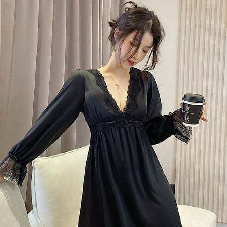 

PIKADINGNIS Young Girl Lace Satin Nightdress Long Sleeve Spring Summer Nightgowns & Sleepshirts Women Sleepwear Princess Home Wear Clohtes