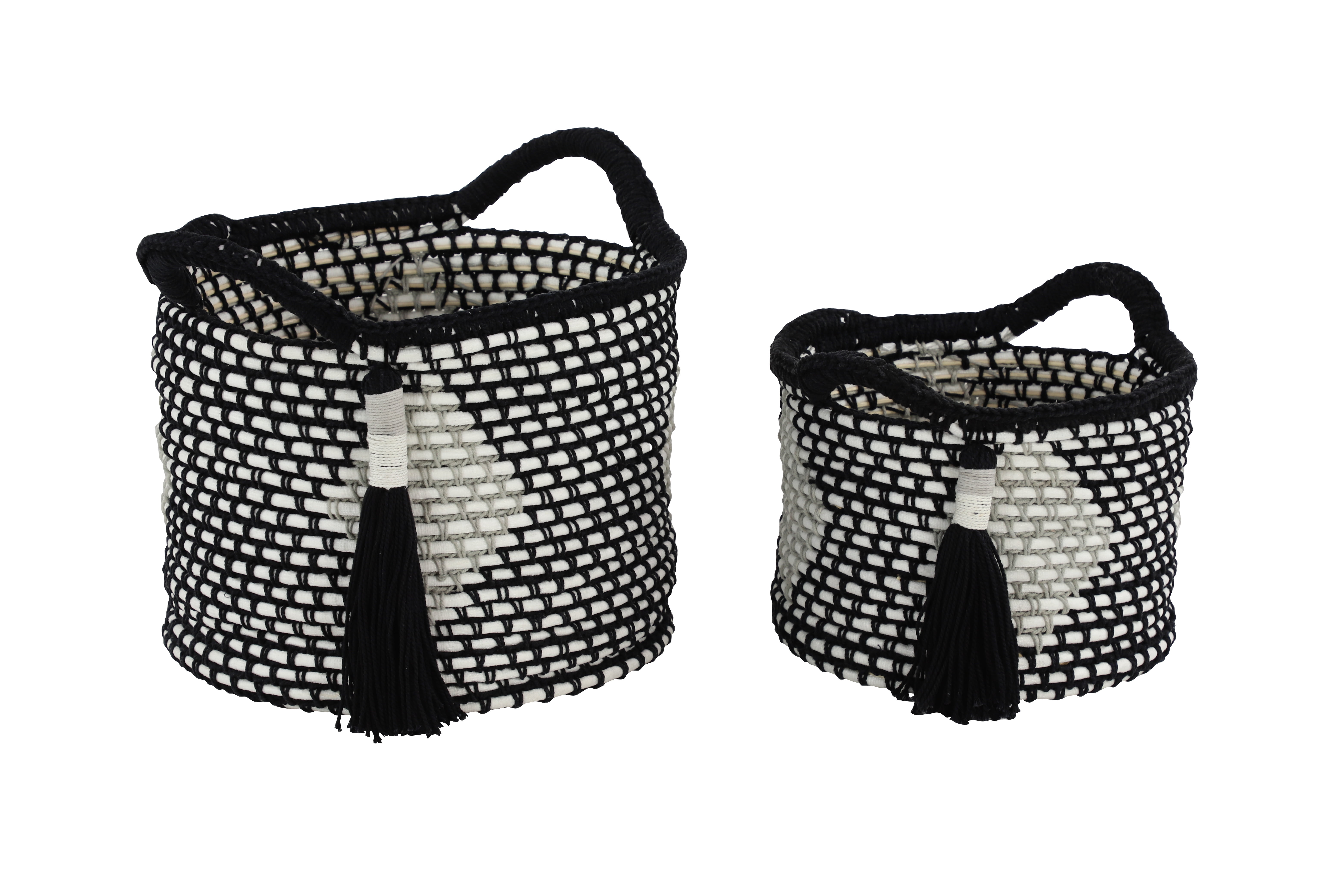Decmode Large Round Black & White Cotton Rope Storage Baskets with Diamond Design & Decorative