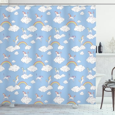 Ambesonne Cartoon Shower Curtain, Mythical Creatures Jump, 69"Wx70"L, Sky Blue Multicolor