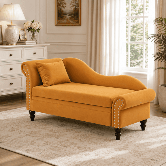 Aukfa 64.5" Modern Velvet Chaise Lounge with Storage, Left Armrest Lounge Sofa with Silver Nailhead Trim & Lumbar Pillow,Earthy Yellow
