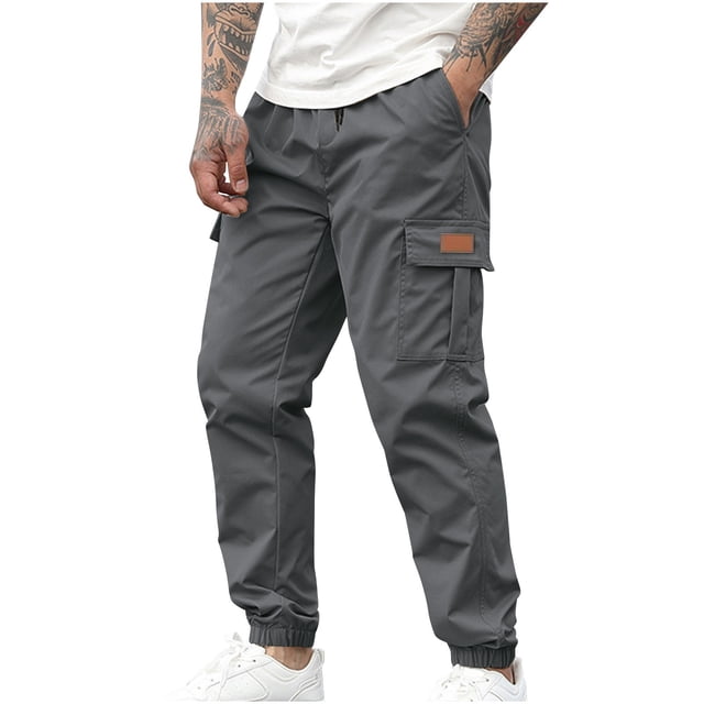 Tumotour Cargo Pants For Men Solid Color Casual Joggers Cotton Stretch Elastic Waist Loose Work Pants With Pockets Drawstring Basic Athletic Pants
