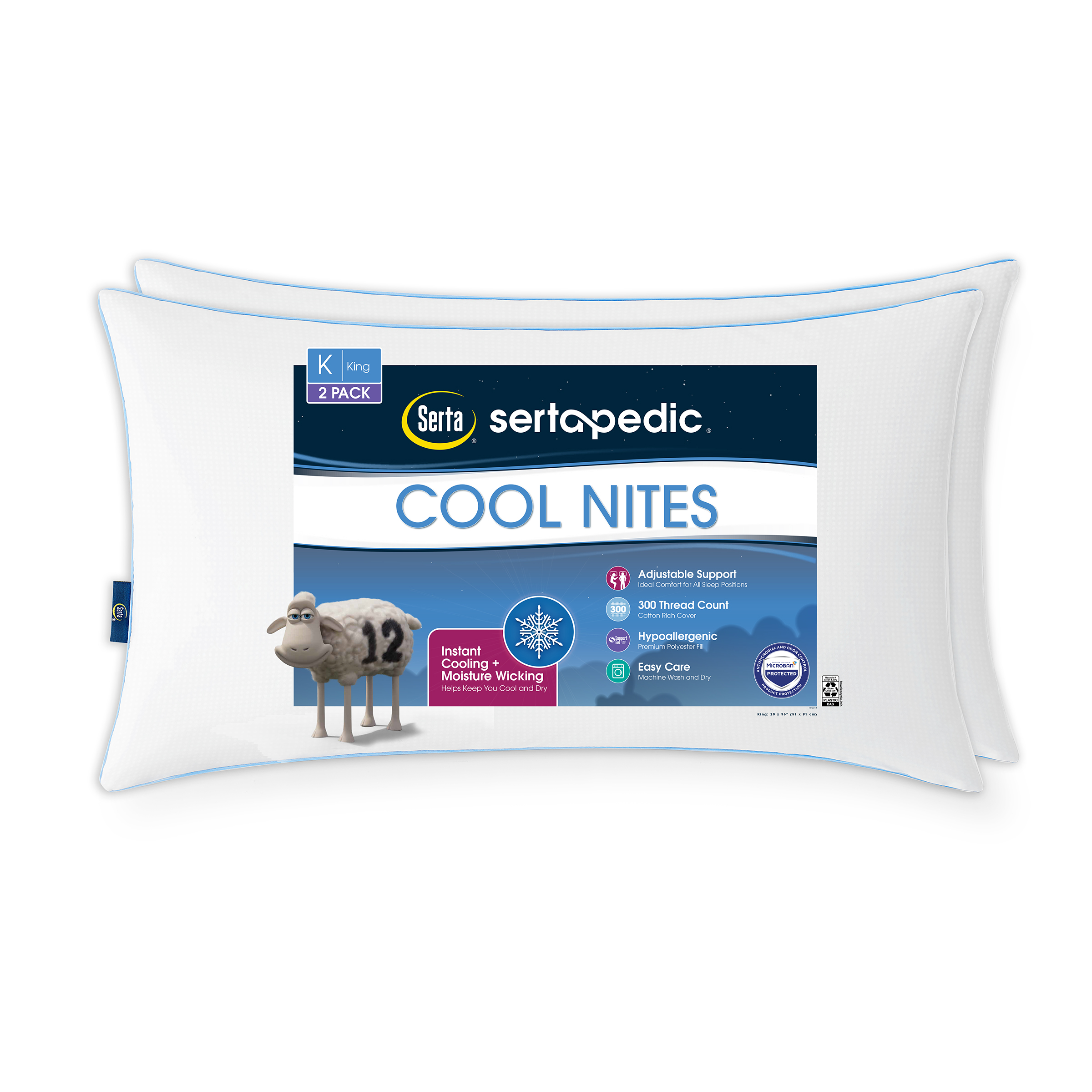 Sertapedic Cool Nites Bed Pillow, King, 2 Pack