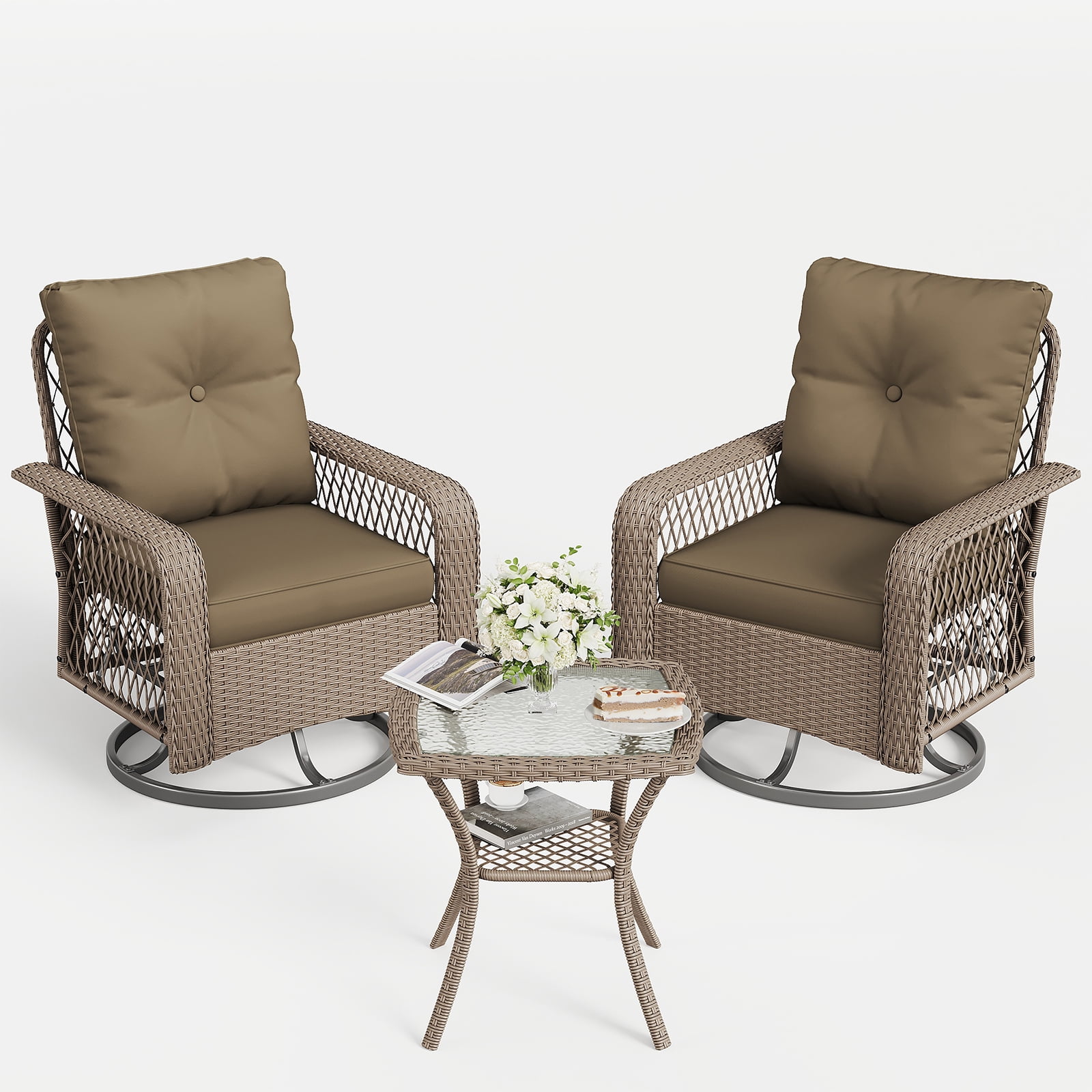 ELPOSUN 3-Piece Patio Furniture Set, Outdoor Wicker Swivel Glider Chair with Glass Top Table and Cushions, Brown