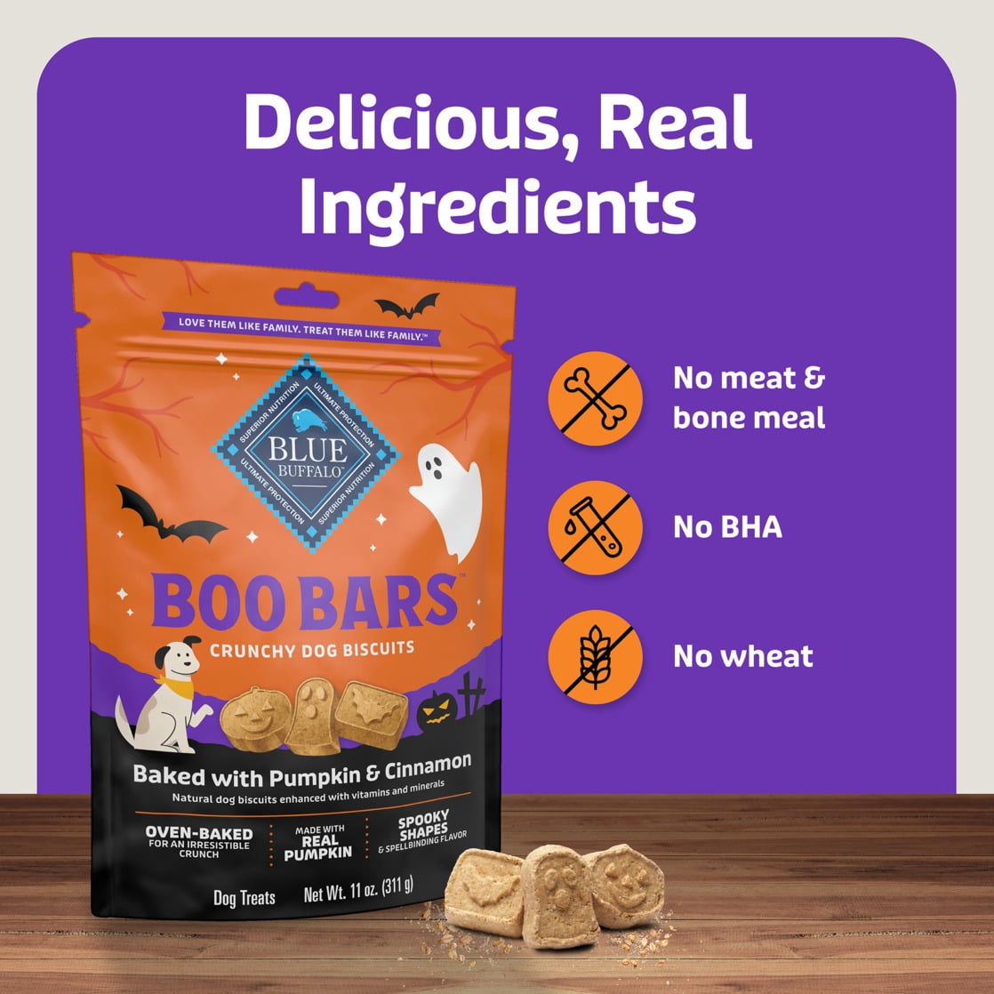 (3 pack) Blue Buffalo Boo Bars Crunchy Halloween Dog Biscuits Pumpkin & Cinnamon Recipe 11-oz Bag