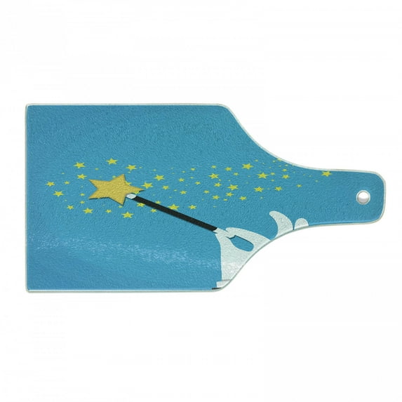 Magic Cutting Board, Cartoon Magician Hand Holding Wand Spreading Stars, Decorative Tempered Glass Cutting and Serving Board, in 3 Sizes, by Ambesonne