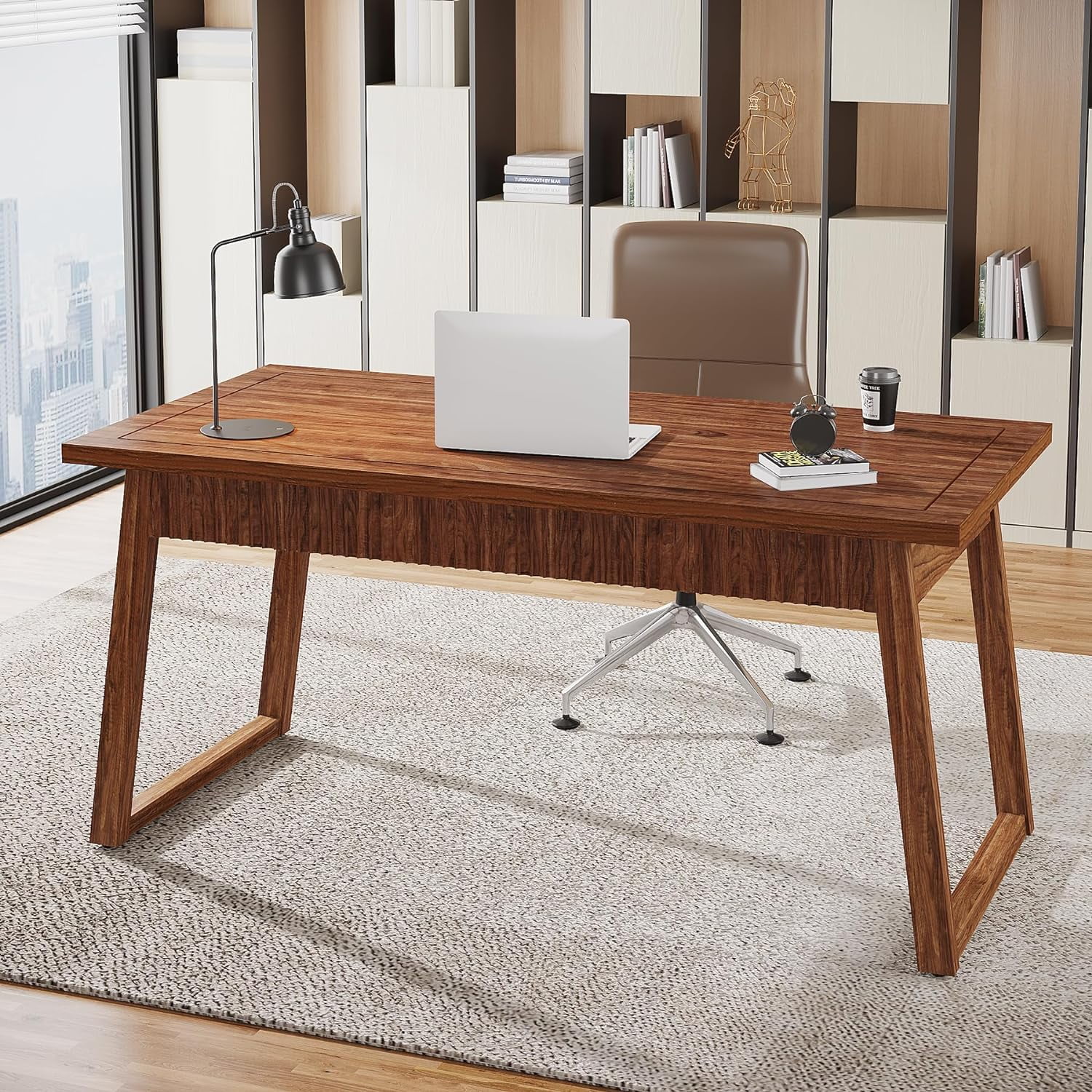 Tribesigns 55" Executive Desk, Solid Wood Home Office Computer Desk with Drawer, Walnut Brown