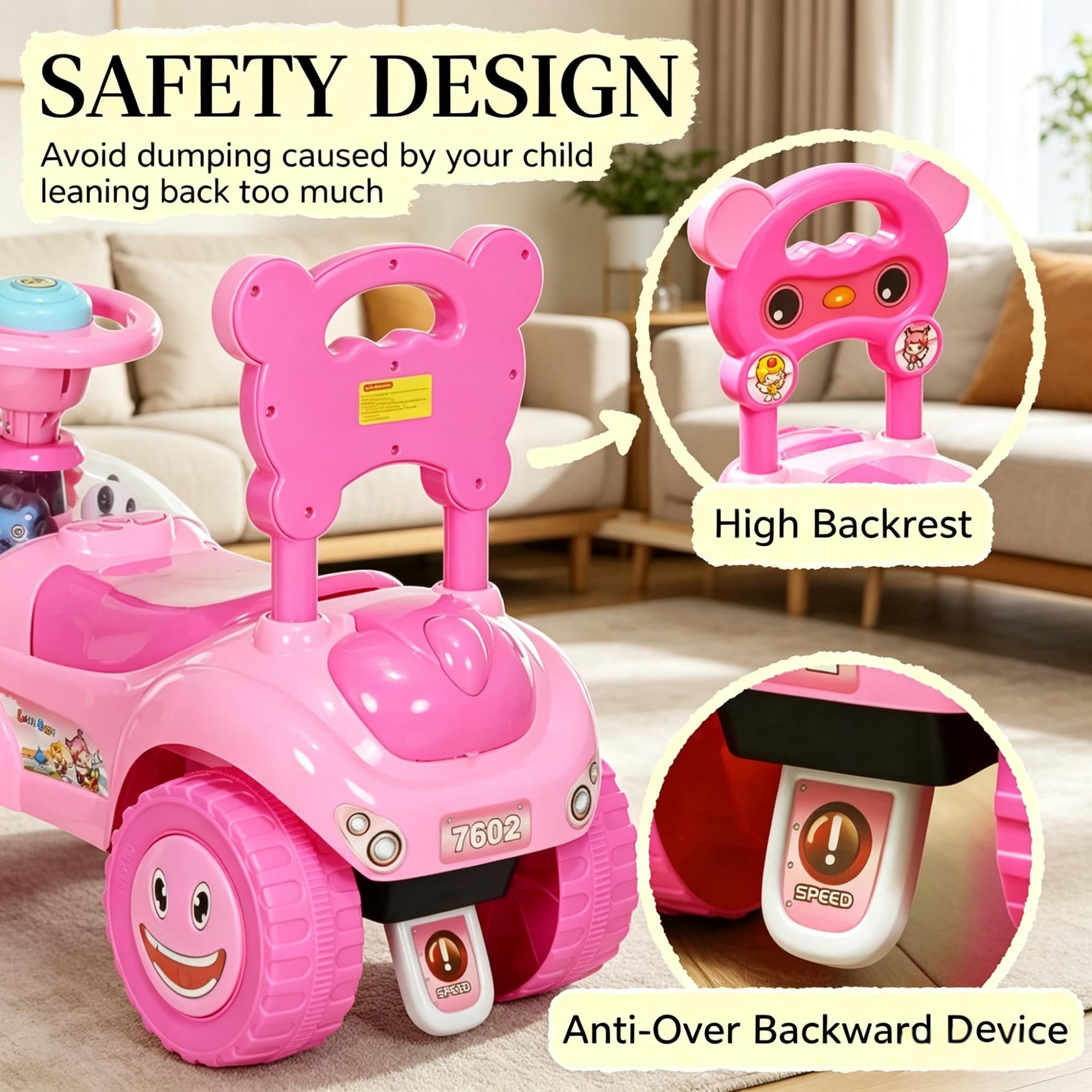 Kids Pink Foot-to-Floor Push Car, Horn, Light & Music, Anti-Tip Backwards Device, Underseat Storage for Toddlers