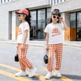 thumbnail image 2 of Girls Summer 2 Piece Outfits Crew Neck Short Sleeve Print Tees Plaid Elastic Waist Pants Casual Trendy Clothes (7 Years, Black), 2 of 4