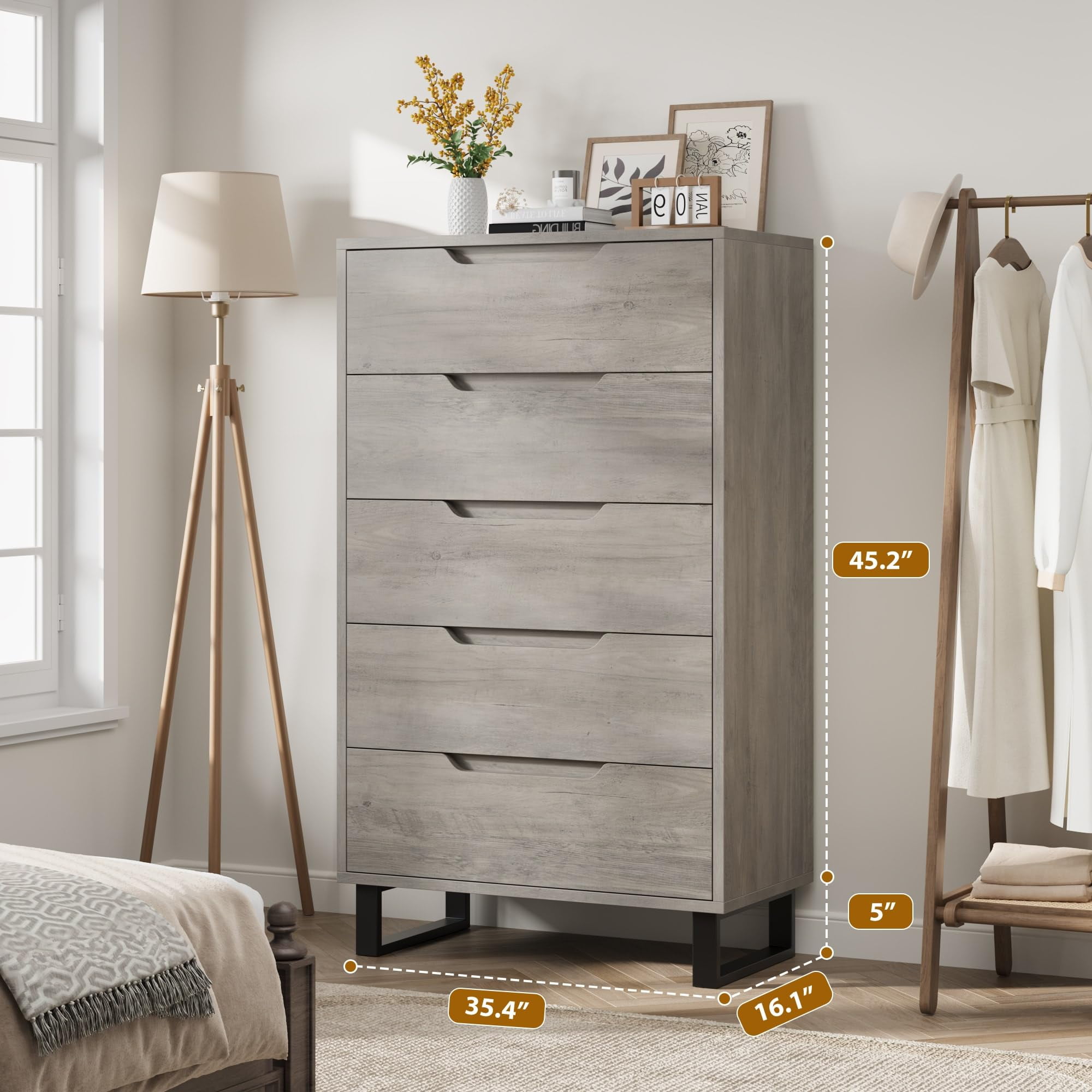 Modern 5-Drawer Chest - Height-Adjustable Base with Robot Vacuum Clearance
