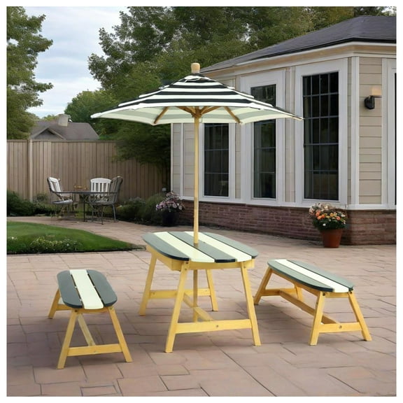 Kids Picnic Table with Umbrella - Dark Blue, Indoor/Outdoor Wooden Table and Bench Set for 4 Children, Play Table for Toddlers, Garden Furniture