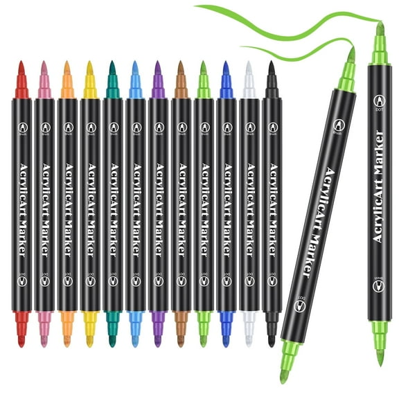 Acrylic Paint Pens, 12 Colors Dual Tip Pen Markers with Medium Tip and Brush Tip for Rock Painting, Canvas, Ceramic, Wood, Glass, Scrapbooking, Brush Lettering, Card Making, DIY Arts Crafts
