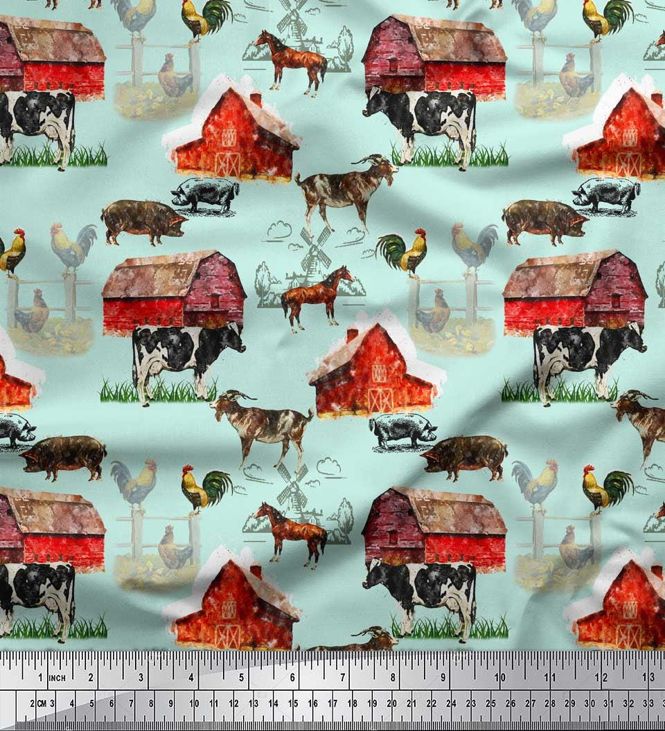 Soimoi Green Cotton Cambric Fabric Barn & Pet Animals Farm Print Fabric ...