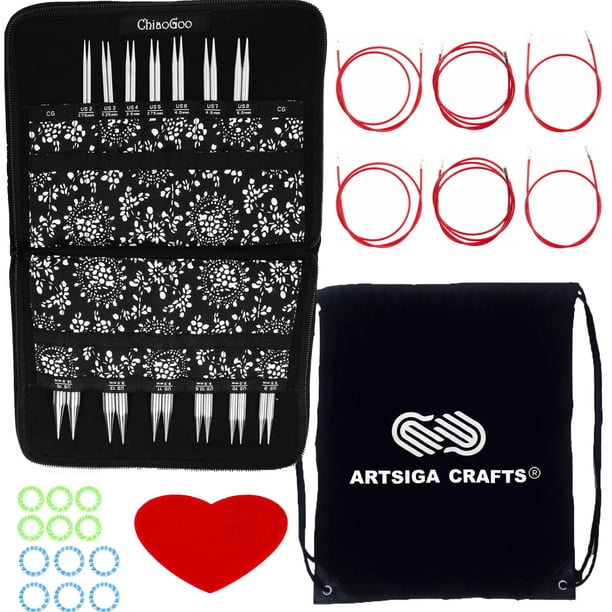 ChiaoGoo Twist Red Lace Juego completo de agujas de tejer circulares intercambiables 7400-C de 4 pulgadas, tamaños US 2 3 4 5 6 7 8 9 10 10.5 11 13 15 con 6 cordones, paquete con 1 bolsa para proyecto