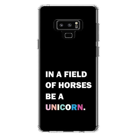 DistinctInk Clear Shockproof Hybrid Case for Samsung Galaxy Note 9 - TPU Bumper, Acrylic Back, Tempered Glass Screen Protector - In a Field of Horses, Be a Unicorn - Rainbow