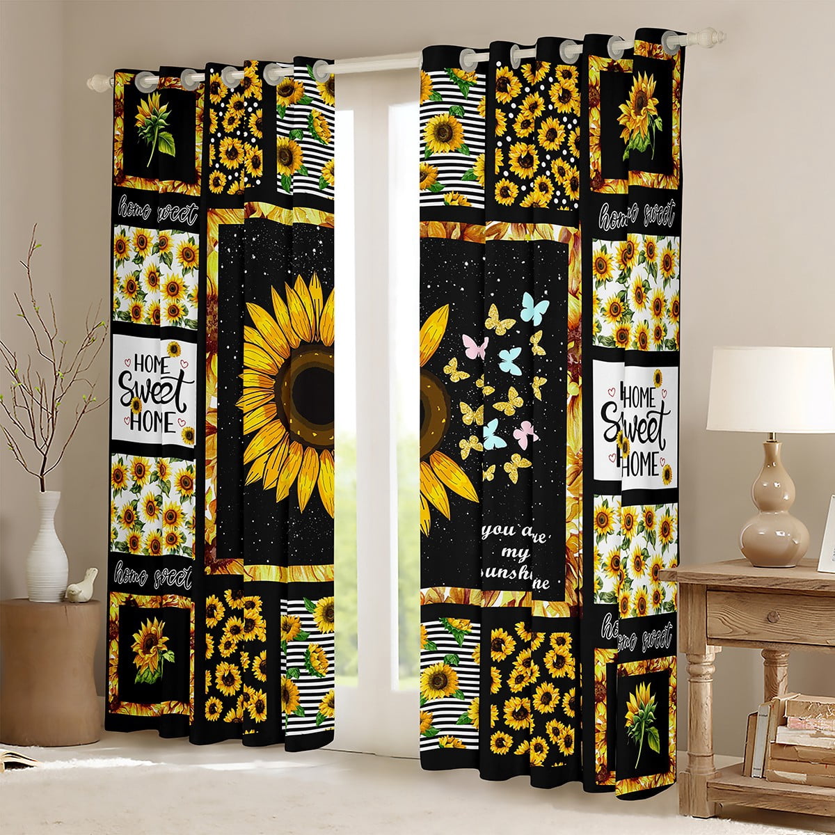 Manfei Rustic Sunflower Curtains and Drapes (52x84), Black Yellow Curtains Pack of 2, Floral Patchwork Black Out Curtains, Window Curtains Room Decor