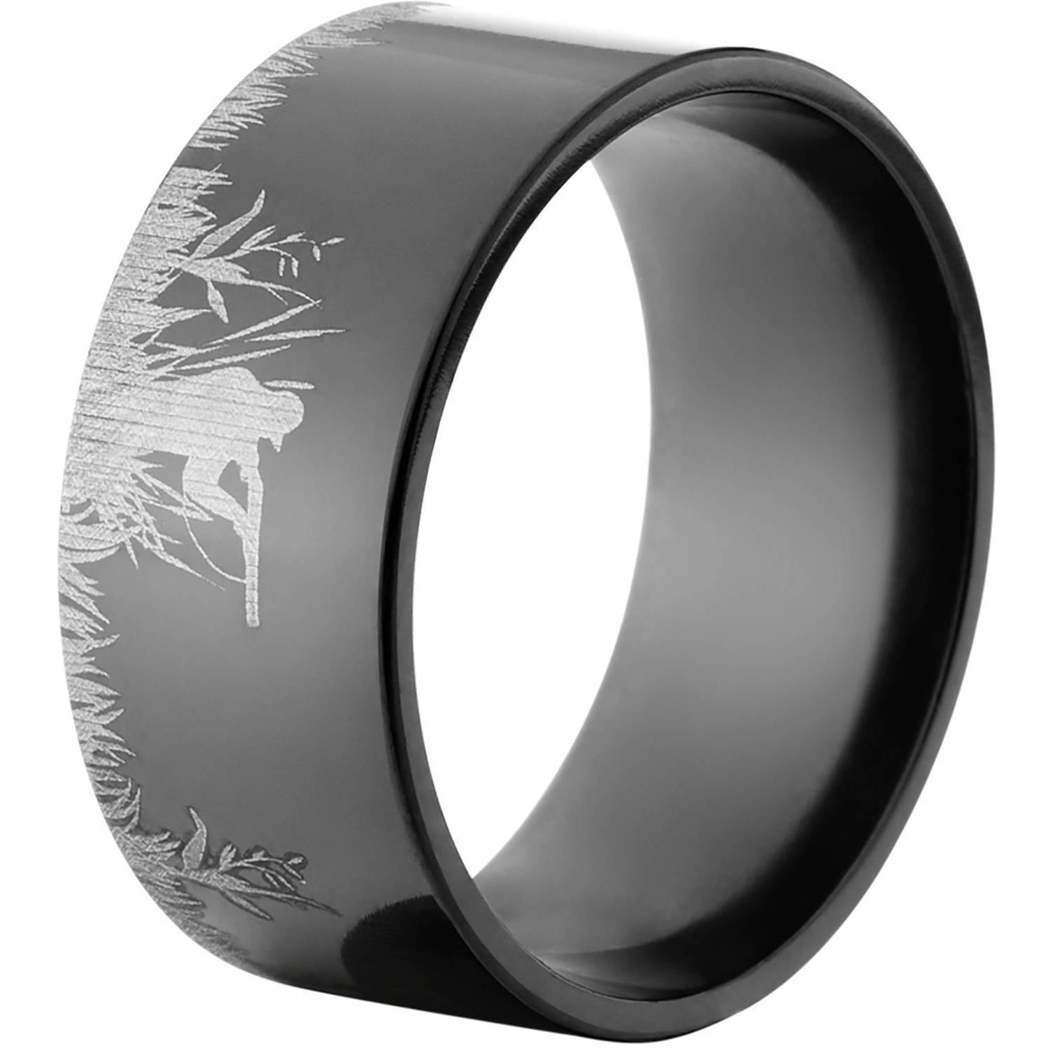10mm Flat Black Zirconium Ring with a Duck Hunter Picture Lasered Around the Ring