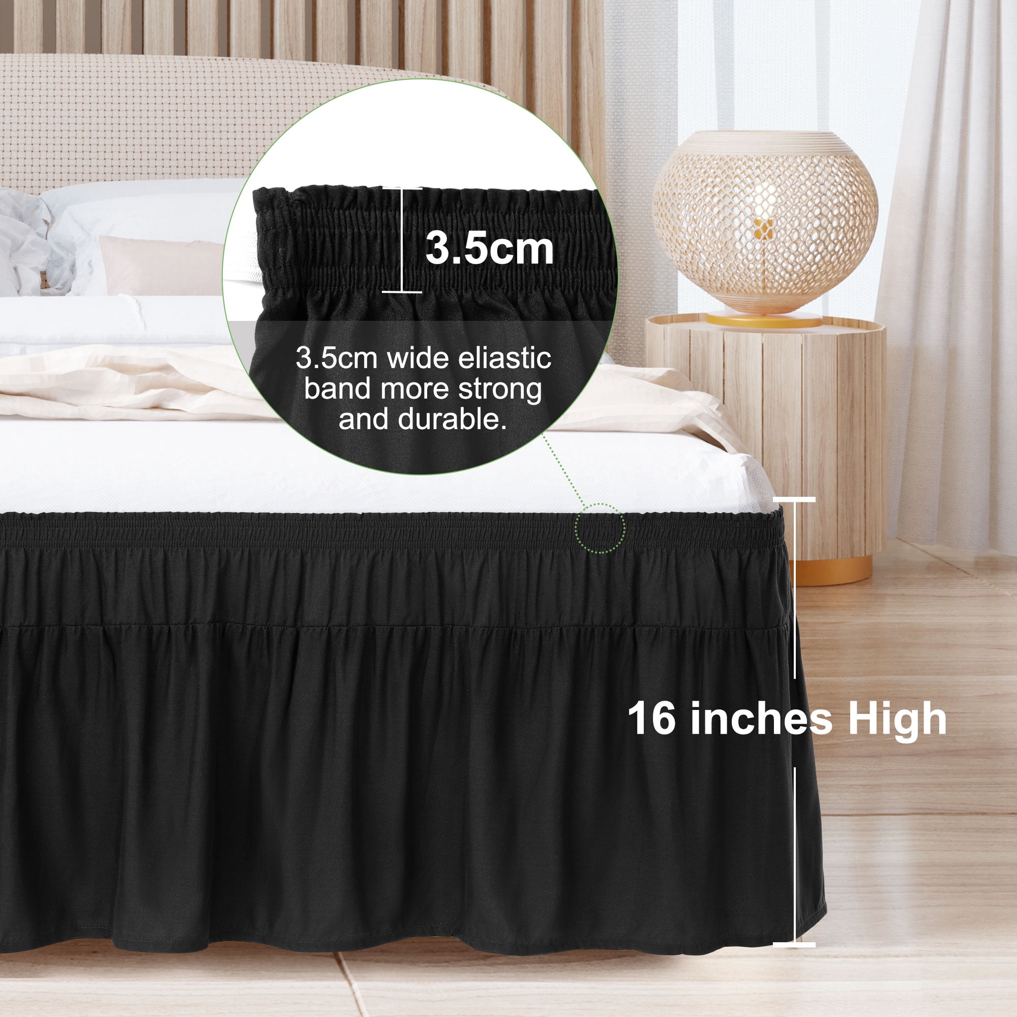 PiccoCasa Polyester Brushed Bed Skirt with Elastic Dust Ruffles 16" Drop, Queen Black