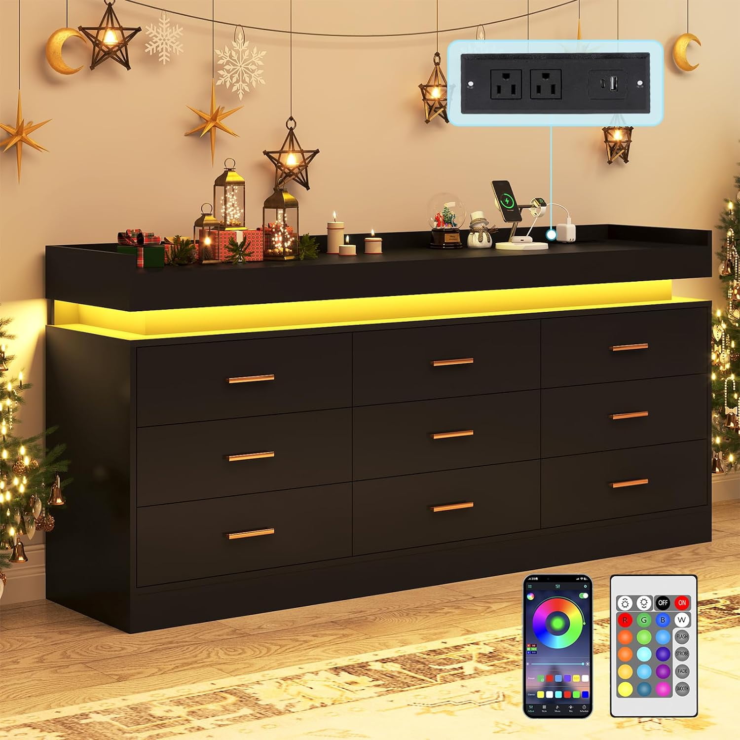 ANPOO 9 Drawer Dresser with LED Lights and Charging Station, Modern Double Wide Chest of Drawers with Power Outlet for Bedroom, Living Room