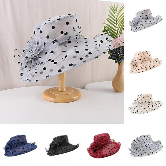 Shenmeida Lace Floral Design Dot Breathable Wide Brim Cap for Womens Sunscreen Visor Wild Fashion Tea Party Cap Organza Church Derby Hat