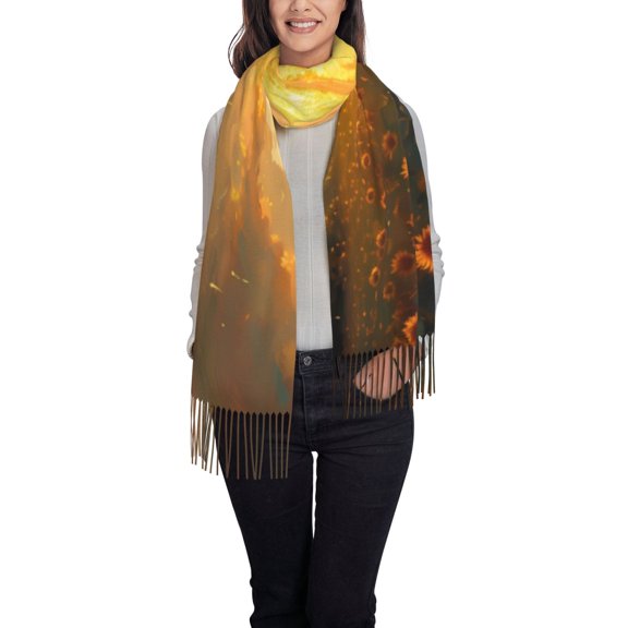 Gaeub Sunflower Sunset Rainfall Print Tassel Scarf,Wraps Scarves for Women,Winter Scarf,Cold Weather Shawls,Ideal for Travel