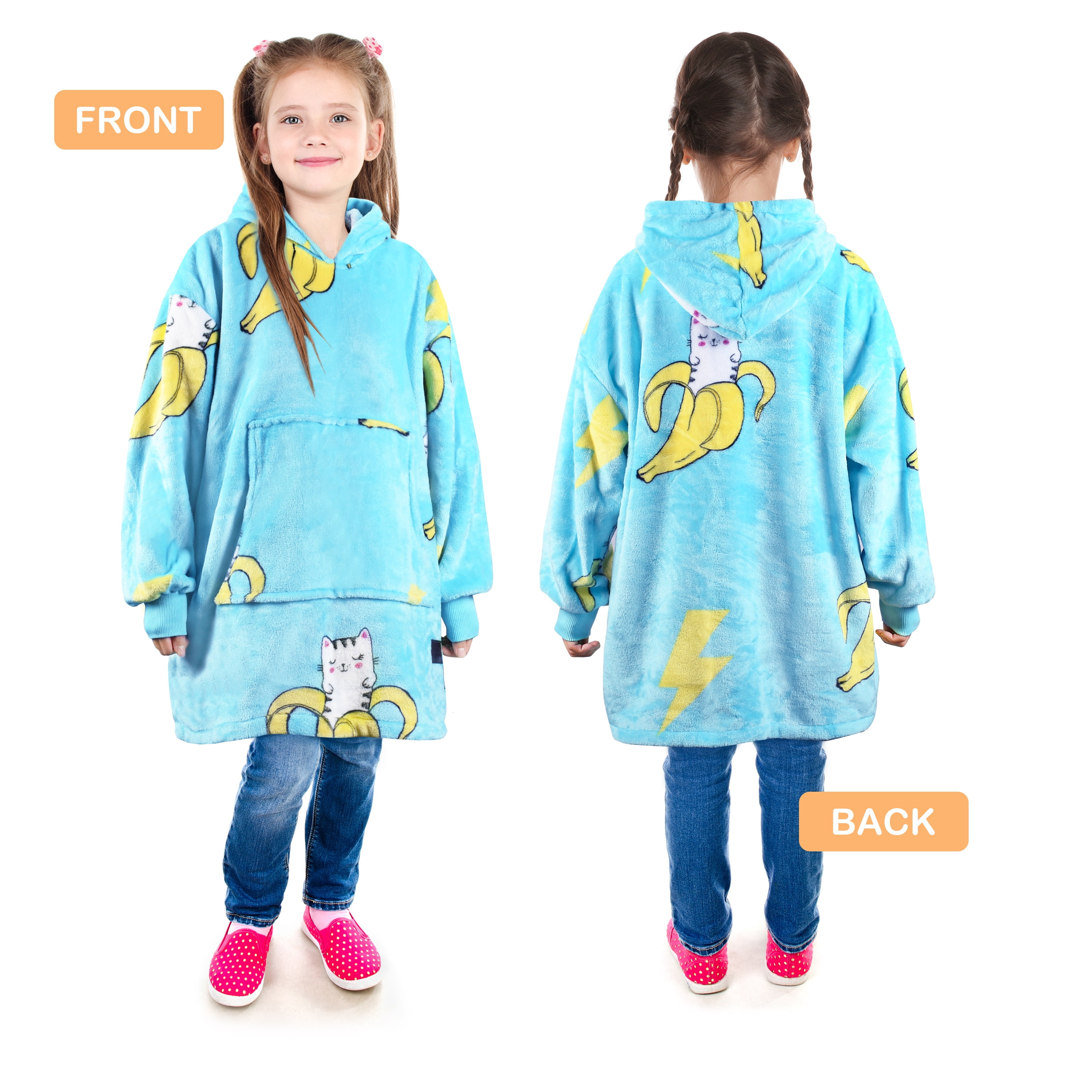 Catalonia Banana Cat Wearable Blanket Hoodie for Kids, Fleece Snuggy Sweatshirt Pullover, 4-12 Years Boy Girl Gift