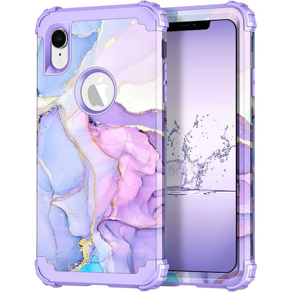 Casetego Phone Case for iPhone XR,Heavy Duty Shockproof Protection Hard Plastic Silicone Rubber Hybrid Protective Cover for Apple iPhone XR 6.1 Inch 2018,Purple Marble