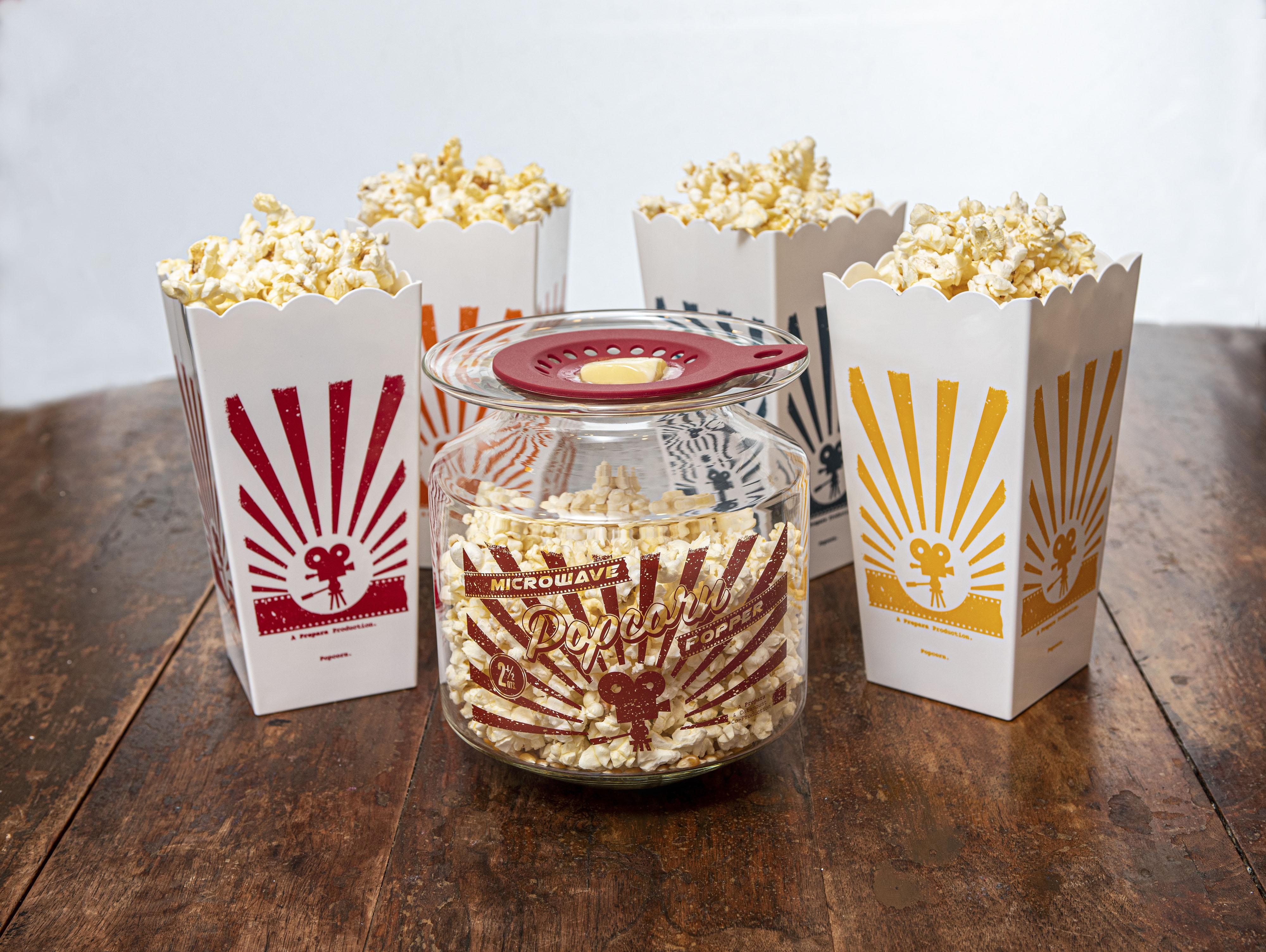 Prepara Glass Popcorn Gadget Set, 6-Piece, Bucket with Lid, and Popcorn Containers