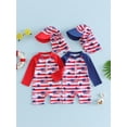 thumbnail image 3 of Cenuakty Newborn Baby 3M 6M 12M 18M 2T 3T Boy Swimsuit Set 4th of July America Flag Print Mock Neck Long Sleeve Rash Guard Swimwear and Sun Hat, 3 of 9