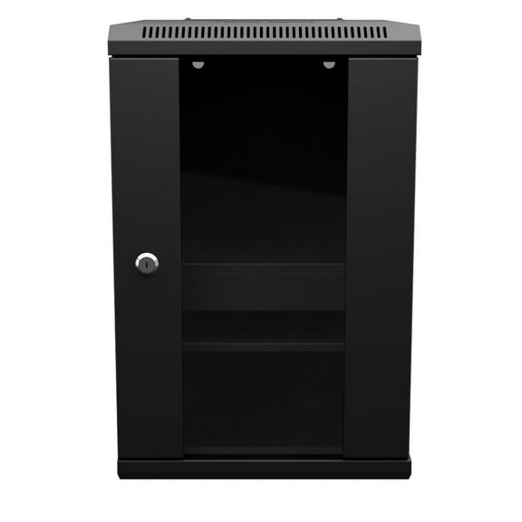 NavePoint 9U 10 Inch Network Server Cabinet, 15.75 inch Deep, Glass Door, Black, Wall Mountable, 2 x Shelves, 1 x Blank Panel