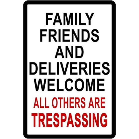 Retro No Trespassing Metal Tin Sign, No Soliciting Friends Delivery Welcome Decor for Garage Yard Home Outdoor, 8 x 12 Inch