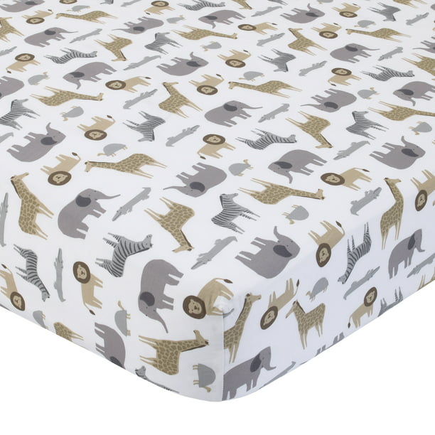 Carter's 100 Cotton Sateen Fitted Crib Sheet Multi Safari (Grey & Tan)