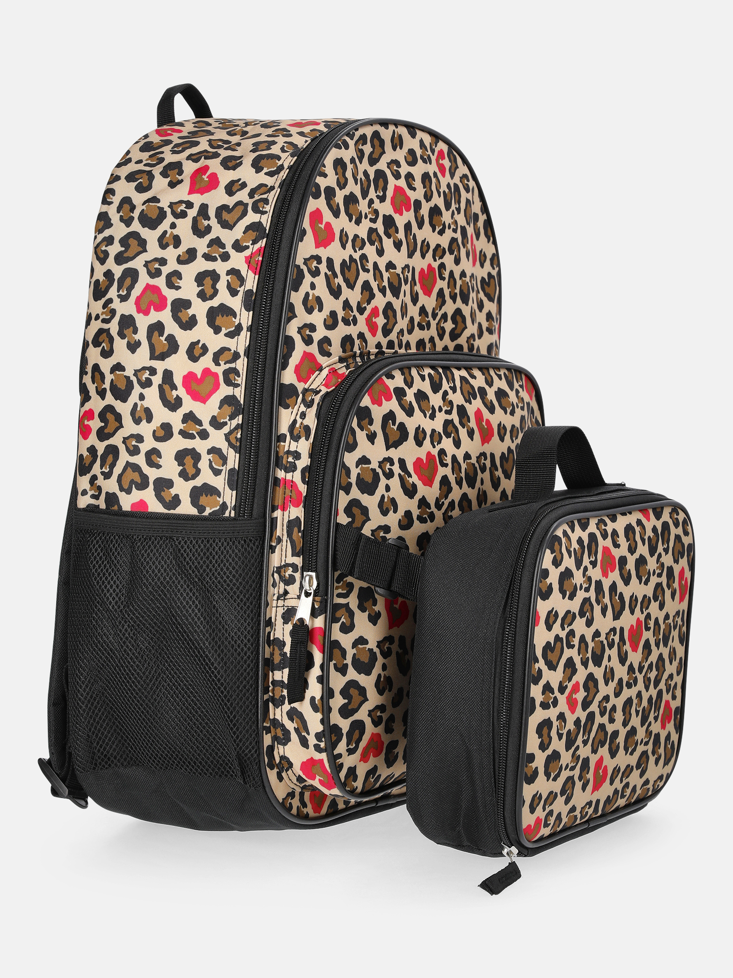 Mochila y lonchera para niña Wonder Nation de 17" con estampado de leopardo, negra 3