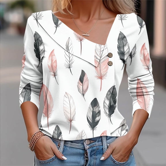 Uootdi Womens Tees Asymmetrical Lapel V Neck 3/4 Sleeve Side Button Front Watercolor Feather All Over Print Soft Knit Going Out Tops for Women Slim Fit Party Stretchy Summer Tops for Women