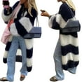 thumbnail image 2 of Females Color Block Striped Cardigan Sweaters Loose Knitted Long Open Front Cardigan Navy Blue L, 2 of 6