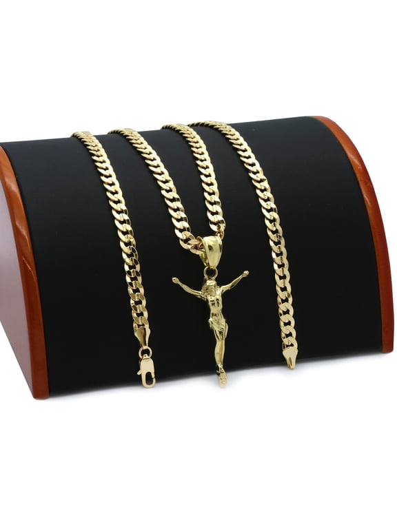 AAA+ Brass 14k Gold Plated Crucifixion of Jesus Cross Hip-Hop Pendant & 14K Stamped 6mm 24" Cuban Chain Religious Necklace