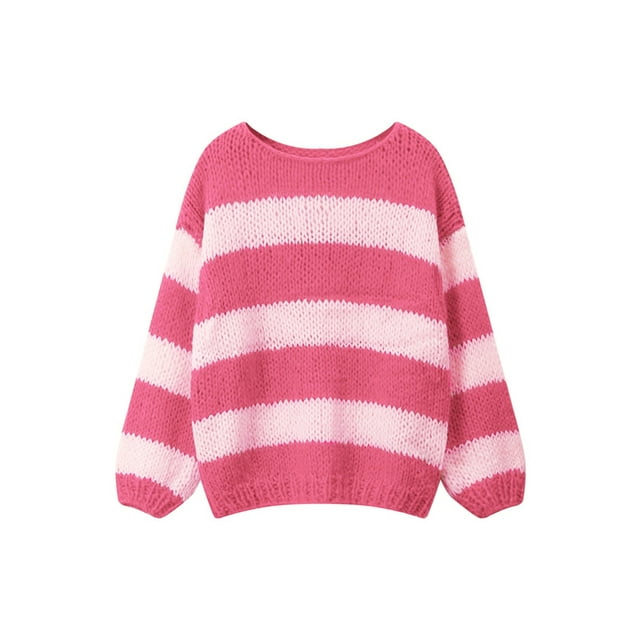 Gupgi Women Striped Sweaters Long Sleeve Loose Knit Pullover Preppy Jumper Tops for Fall Winter