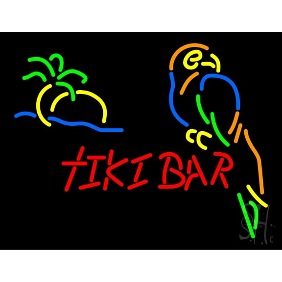 Tiki Bar with Parrot LED Neon Sign 15 x 19 - inches, Clear Edge Cut Acrylic Backing, with Dimmer - Bright and Premium built indoor LED Neon Sign for Bar decor.