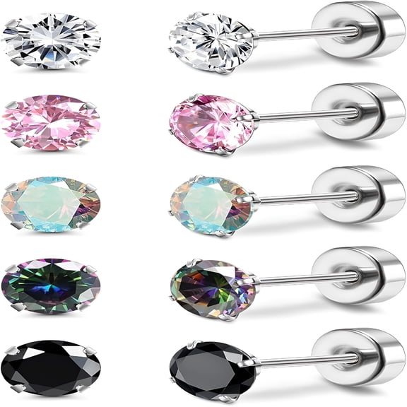 DESIGNICE 5 Pairs Titanium Earrings for Women Men G23 Pure Titanium Earrings for Sensitive Ears Cubic Zirconia Surgical Stainless Steel Flat Back Stud Earrings Hypoallergenic Piercing Sleeper