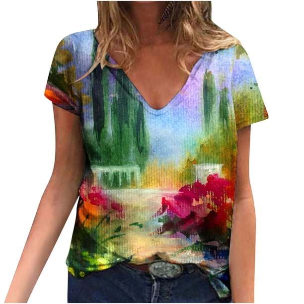 Tops Para Mujer Blusa Estampada Informal Camisetas Con Cuello en V Camisetas de Manga Corta Odeerbi ODB180094