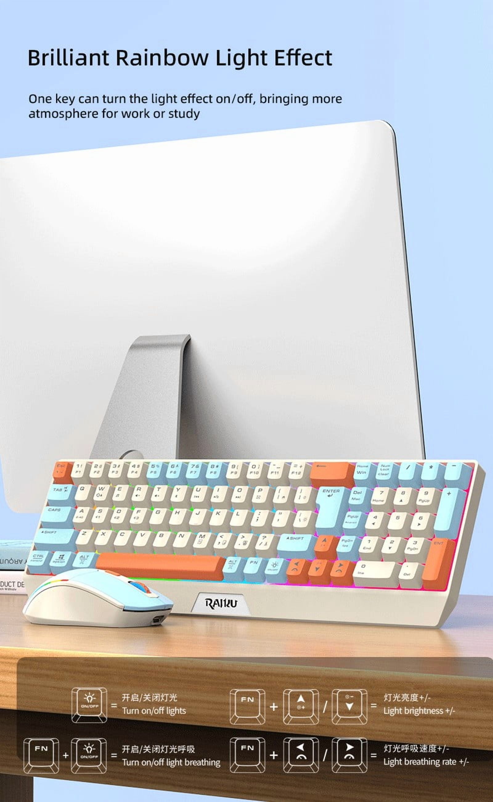 Wireless keyboard and mouse combination charging gaming silent BT5.0 and 2.4G USB dual-mode 7-color backlight, USB-C interface RGB backlight suitable for Mac laptops and desktop computers